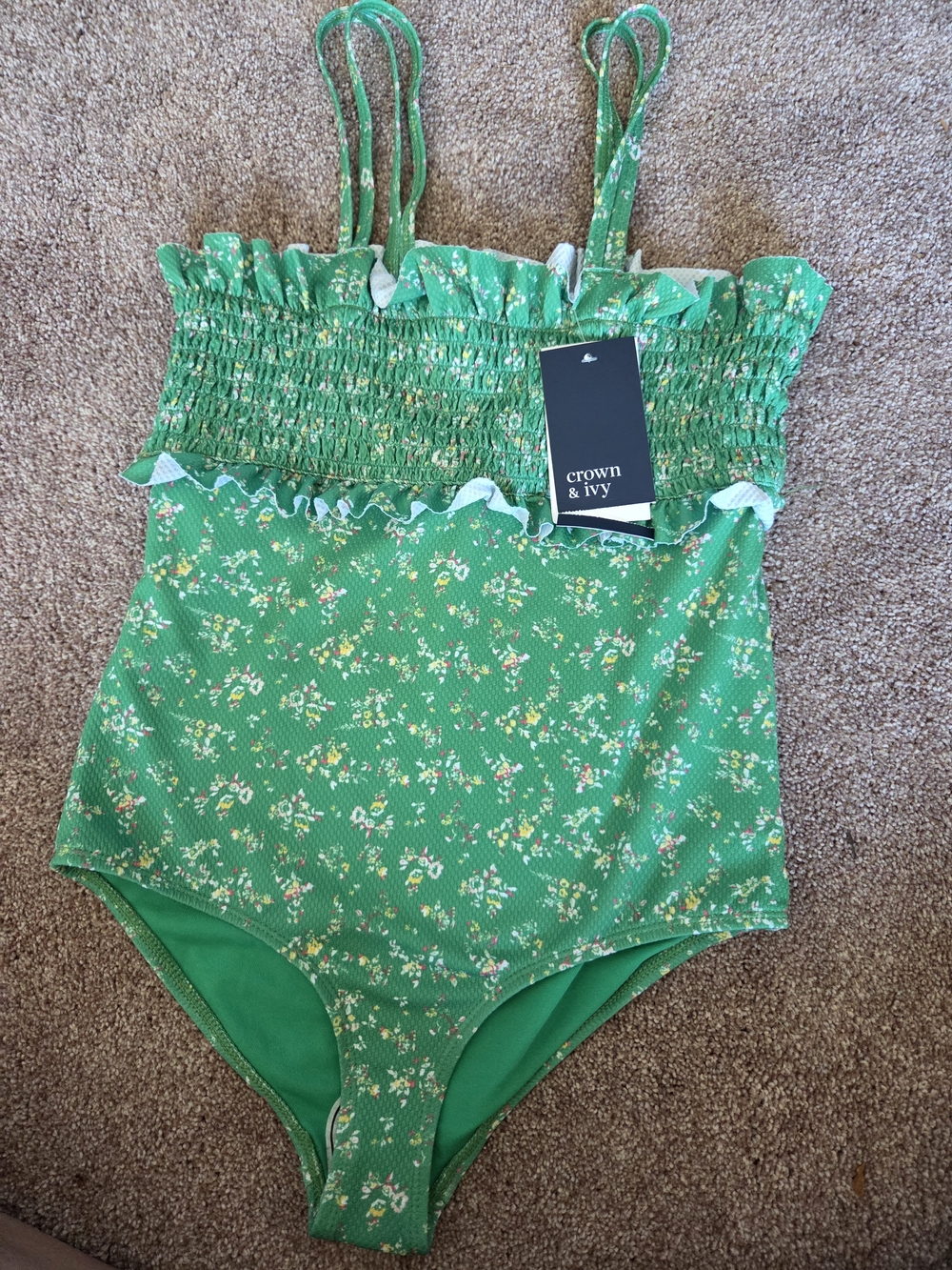 crown & ivy Green Floral-Trim Kids One-Piece Swimsuit